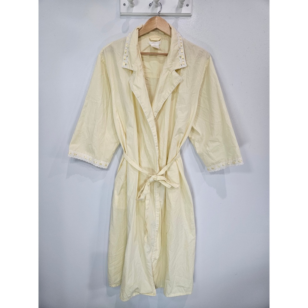 Secret Sleepwear Yellow Gingham Check Lace Trim Wrap Robe Pockets Medium 8/10